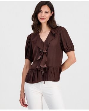 Tahari V-neck Ruffle-front Short-sleeve Blouse - Brown