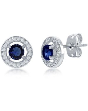 Simona Elegant Round Halo Cz Stud Earrings - Blue