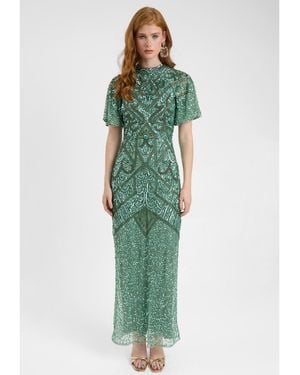 Beauut Embellished Sequin Beaded With Short Flutter Sleeves Maxi Dress - Green