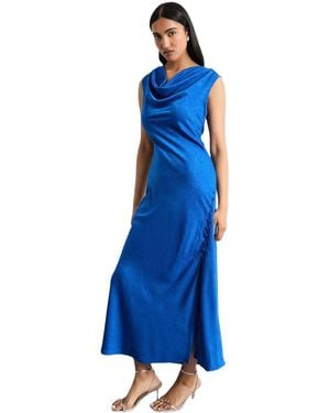 Warehouse Cowl Bias Satin Button Detail Dress - Blue