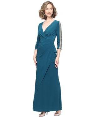 Sl Fashions Petite Illusion-beaded Surplice Gown - Blue