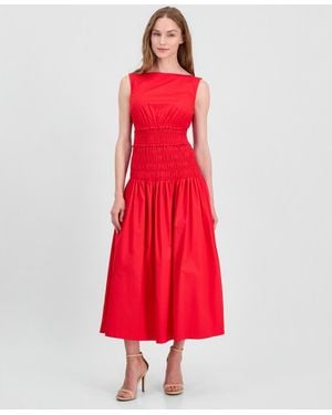 Anne Klein Petite Smocked Boat Neck Midi Dress - Red