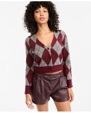 BarIII Argyle Cropped V-neck Cardigan - Red