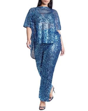 Eloquii Plus Size Sequin Open Mesh Straight Leg Pant - Blue