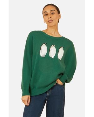 Yumi' Festive Penguin Knitted Sweater - Green