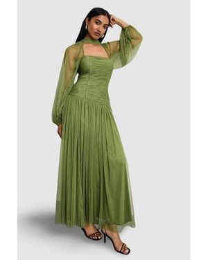 Warehouse Bow Detail Gathered Tulle Maxi Dress - Green