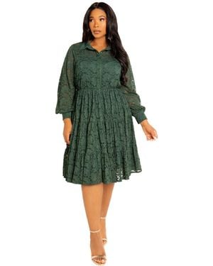 Buxom Couture Plus Size Lace Long Sleeve Tiered Shirt Dress - Green