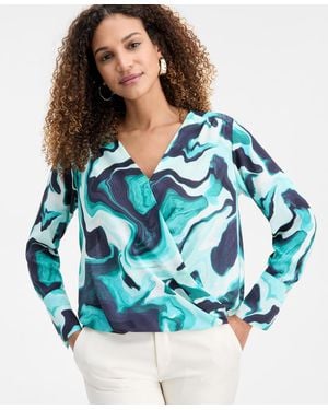 INC International Concepts Surplice Long-sleeve Blouse - Blue