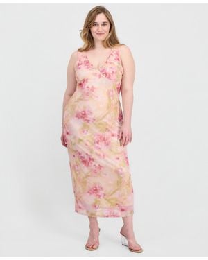 Planet Gold Trendy Plus Size V-neck Printed Mesh Maxi Dress - Pink