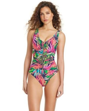 Beyond Control Love Me Or Leaf Me Zipper-front V-neck One-piece Swimsuit - Blue