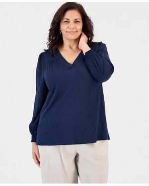 Style & Co. Plus Size V-neck Smocked-cuff Long-sleeve Top - Blue