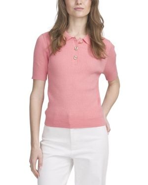 Elle Collection Fine Gauge Ribbed Short Sleeve Henley - Red