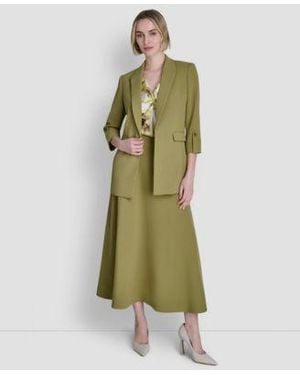 DKNY Crepe Open Front Jacket Printed Woven Short Sleeve Blouse Crepe Midi Skirt - Green