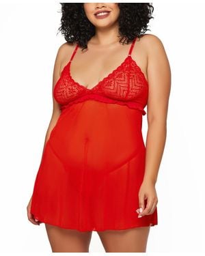 iCollection Plus Size 2 Piece Soft Cup Lace Babydoll Lingerie Set - Red