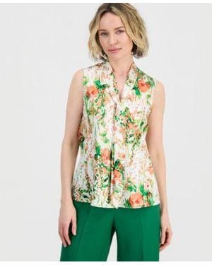 Kasper Floral Print Sleeveless Tie Neck Top - Green