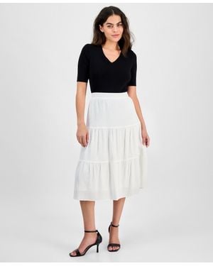 Anne Klein Petite Textured Three-tiered Pull-on Midi Skirt - White