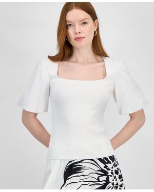 Tahari Mixed-media Square-neck Puff-sleeve Top - White
