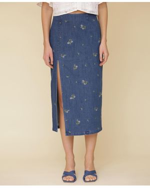 Avec Les Filles Embroidered Denim Midi Skirt - Blue