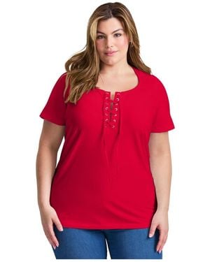 Avenue Plus Size Lacing Detail Tunic Tee - Red