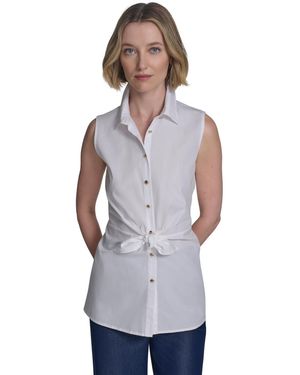 Halston Cotton Tie-waist Button-front Sleeveless Blouse - Gray