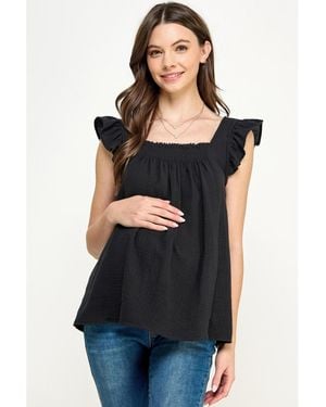 Hello Miss Maternity Cotton Smocked Flutter Sleeve Blouse - Black