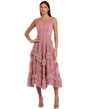 Mac Duggal Petite Scoop Neck Sleeveless Mesh Micro Ruffle Midi Dress - Pink