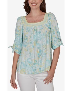 Ruby Rd. Petite Watercolor Floral Square Neck Top - Blue