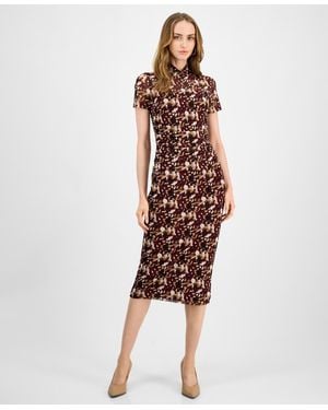 BarIII Printed-mesh Mock-neck Midi Dress - Red
