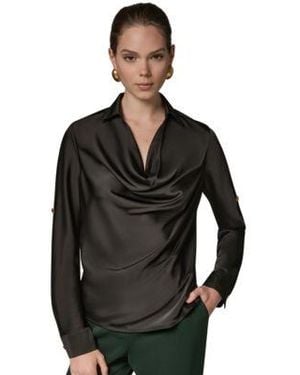 Donna Karan Satin Back Crepe Long Sleeve Top - Black