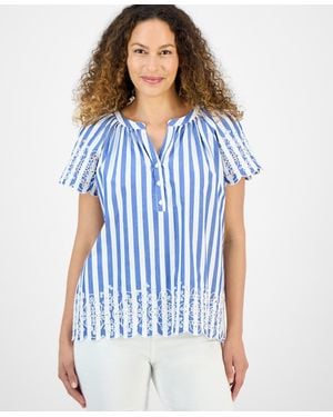 Style & Co. Petite Striped Eyelet Top - Blue