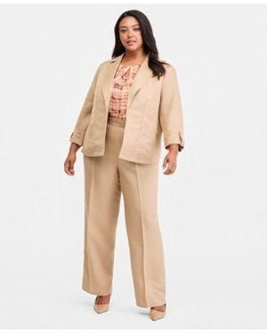 Kasper Plus Size Open Front Seamed Roll Tab Sleeve Jacket High Rise Press Pleat Wide Leg Pants - Natural