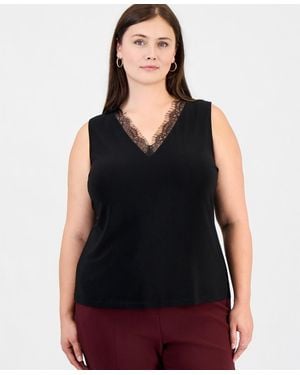Anne Klein Plus Size V-neck Lace-trim Tank - Black