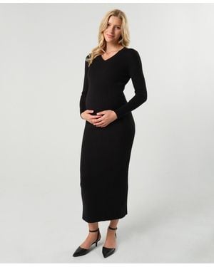 Marion Maternity Maxi Nursing V-neck Sweater Dress - Black