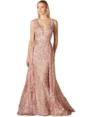 Lara Floral Applique Overskirt Dress - Brown