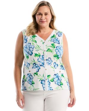 Rafaella Plus Size Pom Floral Print Button Front Sleeveless Tank Top - Blue