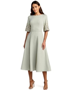 Mac Duggal Crepe A Line Midi Dress With Beaded Sleeves - Green