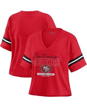 WEAR by Erin Andrews San Francisco 49ers Color Block Boxy Modest Crop V-neck T-shirt - Red