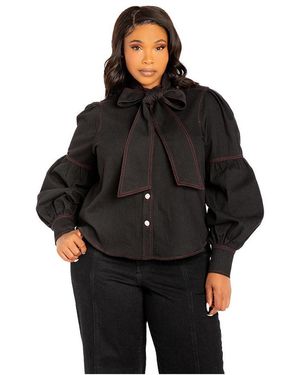 Buxom Couture Plus Size Bow Neck Puff Sleeve Denim Blouse - Black