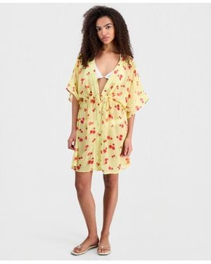 Miken Printed V-neck Swim Cover Up Kimono - Yellow
