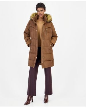 Michael Kors Hooded Puffer Faux-fur-trim Coat - Brown