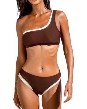CUPSHE Cocoa Sunset Scallop Trim One Shoulder Bikini Set - Black