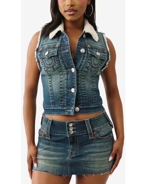 TRUE RELIGION Shrunken Sherpa Denim Vest - Blue