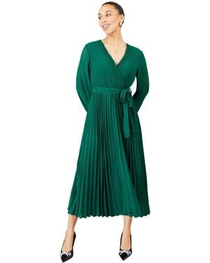 Yumi' Long-sleeve V-neck Pleated Wrap Midi Dress - Green