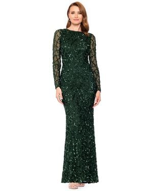 Betsy & Adam Long-sleeve Sequin Gown - Green