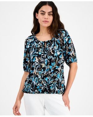 Anne Klein Petite Printed Scoop-neck Elbow-sleeve Top - Blue