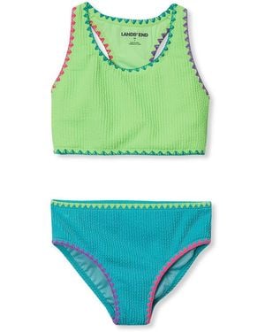 Lands' End Girls Chlorine Resistant Embroidered Bikini Swimsuit Set - Green