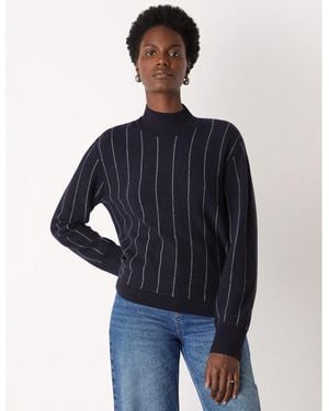 Whistles Stripe Wool Funnel Neck Knit Sweater - Blue