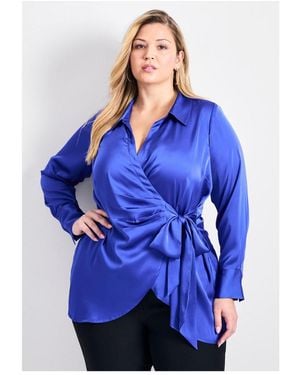 Avenue Plus Size Goldi Satin Wrap Blouse - Blue