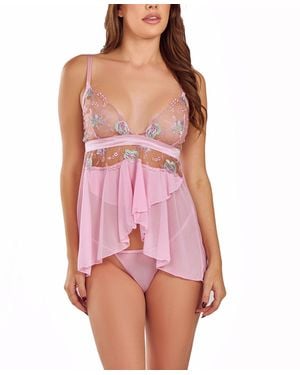 iCollection Sheer Ebriodered Bodice Babydoll Lingerie Set