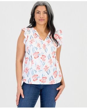 Style & Co. Petite Tie-neck Pintuck-front Ruffled Top - White